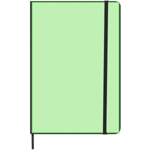 A green notepad with a black elastic band and black edge detailing. It includes a branding logo on the cover.