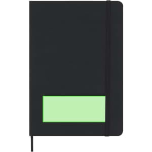 A black notepad with a green section and an elastic band closure, featuring a logo or branding.