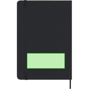 A notepad with a black cover, featuring a green section, and secured with elastic closures.
