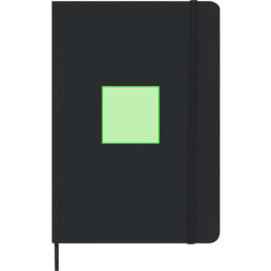 A black notepad with a green square design on the front cover and an elastic band. It includes a bookmark ribbon.