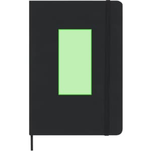 A black notepad with a green rectangular section on the front and an elastic band closure.