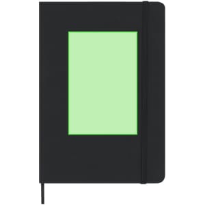 A black notepad with a green accent and a rectangular cut-out on the cover. It features a black elastic band.
