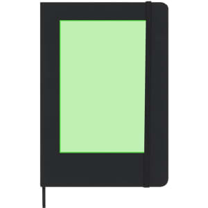 A black notepad with a green insert and an elastic closure, featuring a bookmark ribbon and a logo.