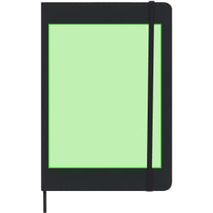 A notepad featuring a black cover with a green inner page and an elastic band for closure.