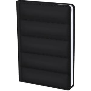 A black notepad with a textured cover, featuring a spine design and a logo on the front.