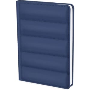 A navy blue notepad with a textured cover and visible stitching, featuring a logo on the front.