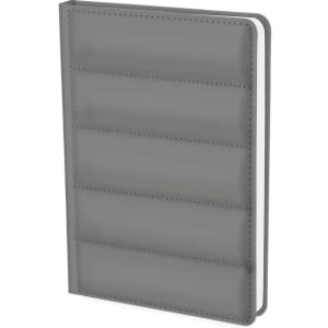A grey notepad with a textured cover featuring horizontal lines and a logo. The notepad is closed and has a white interior.