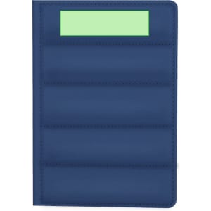 A navy blue notepad with a textured cover and a small green section at the top for customisation.