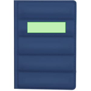 A navy notepad with a textured cover and a green blank section, featuring multiple inner pockets and a logo.