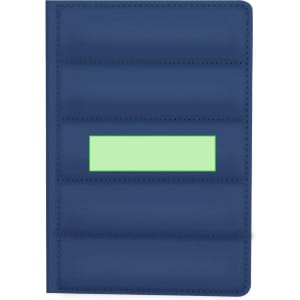 A navy blue notepad with a textured cover and a green blank area, featuring a logo.