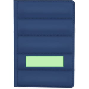 A navy blue notepad with a textured cover, featuring multiple card slots and a branding logo.