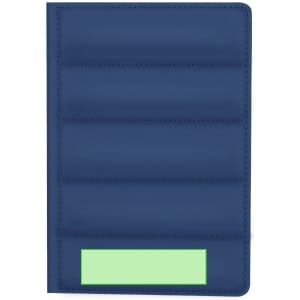 A navy blue notepad with a textured cover and multiple interior slots, featuring a green label area.
