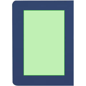 A notepad with navy blue cover and light green pages. Features a rectangular window design and has a logo.