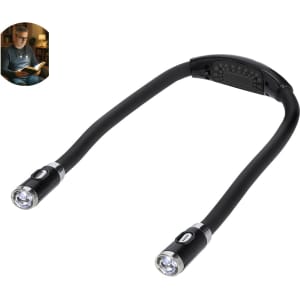 A flexible neck lamp with two light sources, featuring a black design and a section for controls in the middle.