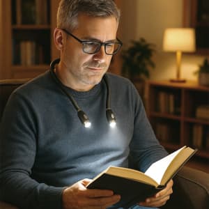 A LED neck lamp in black is worn by a man reading a book in a cozy, dimly lit room.