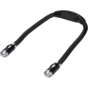 A flexible neck lamp with two light sources and a black body. It includes a logo on the top.