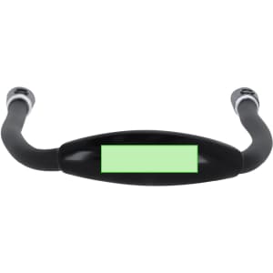 A black handle with grey ends and a blank green section in the centre. It features a logo on one side.