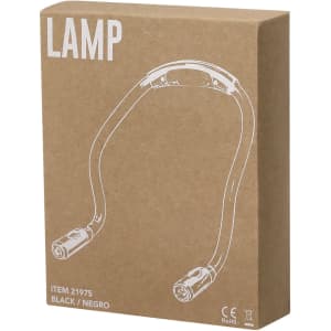 A boxed lamp in a brown cardboard package, featuring a black neck and light components. Includes a logo.