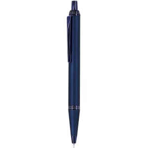 A metal pen in a deep blue colour with silver accents and a clip. The pen features a branding logo.