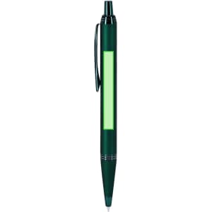 A green metal pen with a clip and a blank area for branding.
