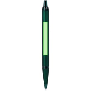A green metal pen with a smooth finish and a branding logo on the barrel.