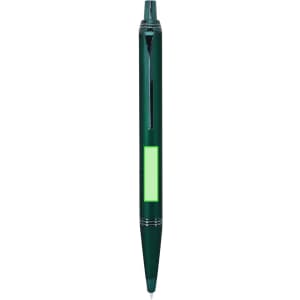 A green metal pen with silver accents and a logo. The pen features a clip and a smooth finish.