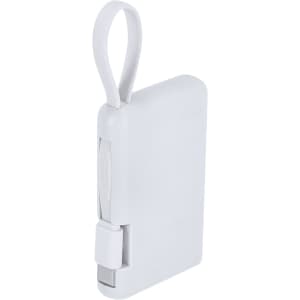 A white power bank with a loop for easy carrying and a smooth, sleek design. It features a branding logo.
