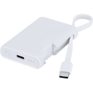 A white power bank with a USB-C connector and a built-in strap for easy portability.