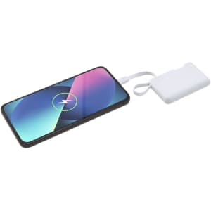 A power bank in white, connected to a smartphone displaying a charging icon.