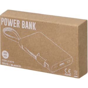 A power bank in a cardboard box with a white exterior and an illustration, featuring a logo.