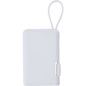 A white power bank with a looped strap and a sleek, compact design, featuring a branding logo.