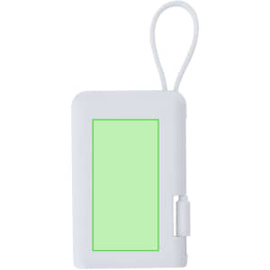 A white power bank with a loop for attaching and a green section on the front, featuring a logo.