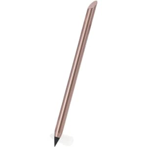 A grey-lead pencil with a tapered end, featuring a metallic rose gold finish. It has a simple logo design.