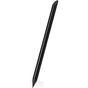A black pencil with a pointed tip, featuring a sleek design and a logo on its surface.