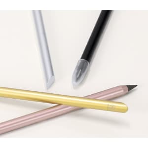 A collection of grey-lead pencils in silver, black, pink, and gold, featuring a logo on one pencil.