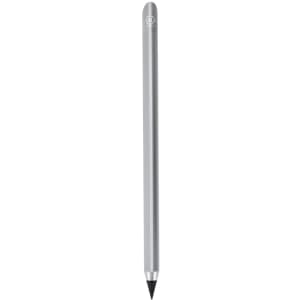 A grey lead pencil with a sleek silver body and a pointed graphite tip. Features a logo at the top.