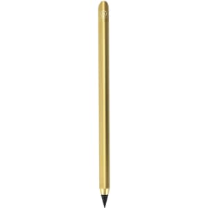 A gold pencil with a grey lead tip, featuring a logo at the top.