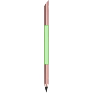 A grey-lead pencil with a sleek rose gold design and a green section. It features a logo on the side.