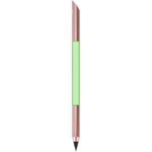 A grey-lead pencil with a sleek, rose gold body and a green section, featuring a logo on it.