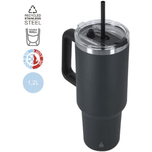 A drink bottle in matte black with a handle, double wall, and a straw, crafted from recycled stainless steel.