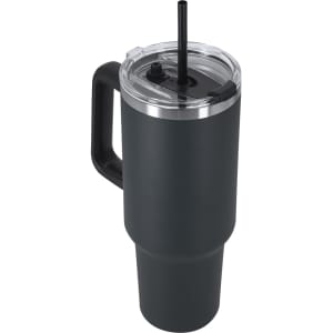 A dark grey insulated mug with a clear lid, straw, and a sturdy handle, designed for beverages.
