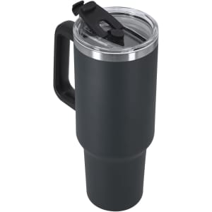 A drink bottle in dark grey with a clear lid and a black handle, featuring a logo on the side.