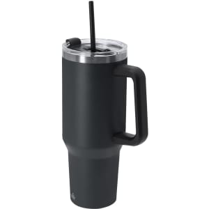 A drink bottle featuring a black insulated mug with a clear lid, straw, and a handle. It has a logo on the base.