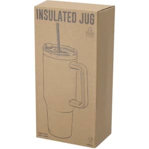A drink bottle in a cardboard box, featuring a straw and a handle, made from stainless steel.