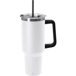 A drink bottle in white with a black handle, featuring a stainless steel lid and a straw. Includes a logo on the side.