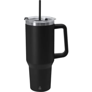 A drink bottle with a black insulated design, featuring a handle, a straw, and a clear lid. It has a logo on it.