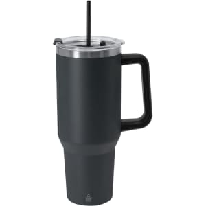 A drink bottle in matte black, featuring a handle, clear lid, and reusable straw. It has branding on the bottom.