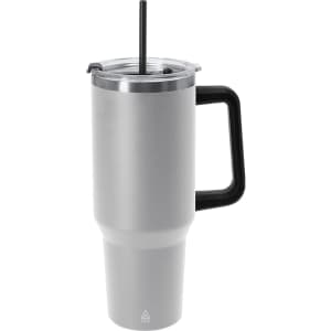 A drink bottle with a sleek grey design, a sturdy handle, and a metal straw, featuring a logo on the front.