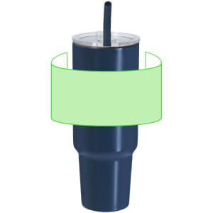 A drink bottle in navy blue with a straw and a clear lid, featuring a branding logo.