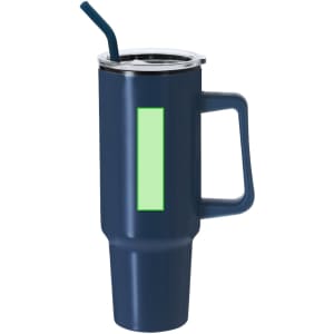 A drink bottle in navy blue with a handle, a straw, and a transparent lid featuring a logo.